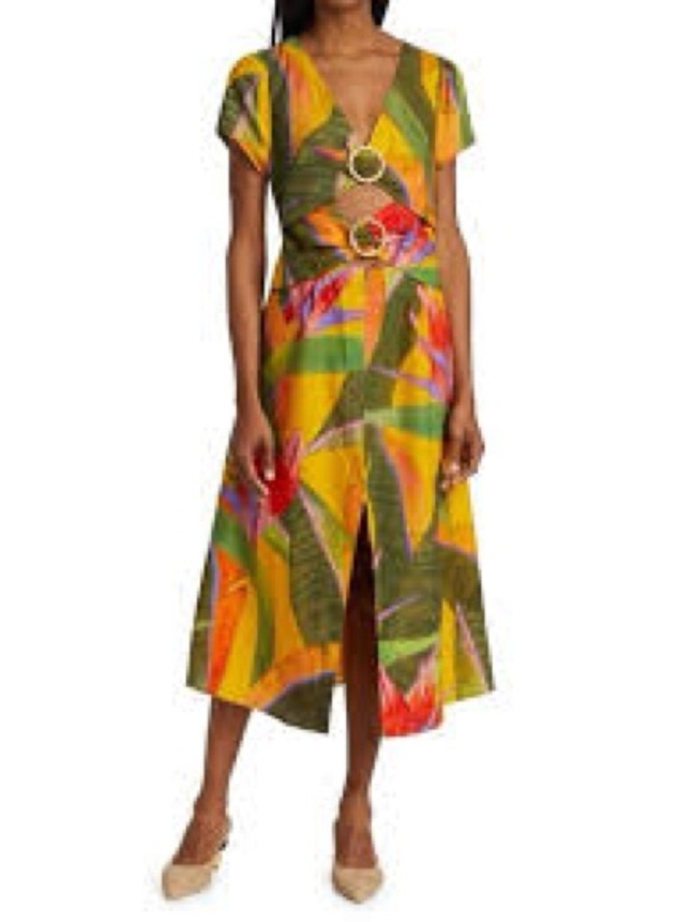 Farm Rio Yellow Garden Midi Dress Womens Large NWT Tropical Cutout Ring Detail - Picture 2 of 13